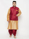 Vastramay PLUS Men's Maroon Zari Weaved Nehru Jacket With Kurta Dhoti set